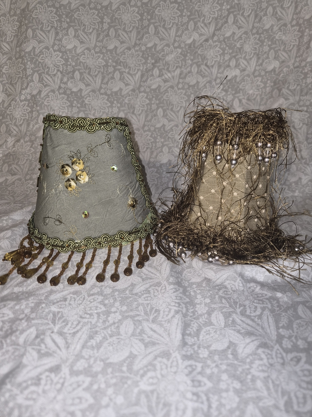 Decorative Olive Green and Tan Beaded Mini Lamp Shades - Home Accents Set Of 2